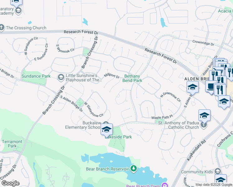 map of restaurants, bars, coffee shops, grocery stores, and more near 38 Clover Gate Circle in Spring