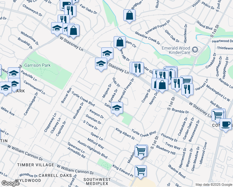 map of restaurants, bars, coffee shops, grocery stores, and more near 5809 Eureka Drive in Austin