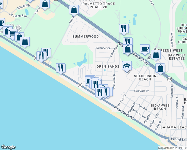 map of restaurants, bars, coffee shops, grocery stores, and more near 614 West Caladium Circle in Panama City Beach