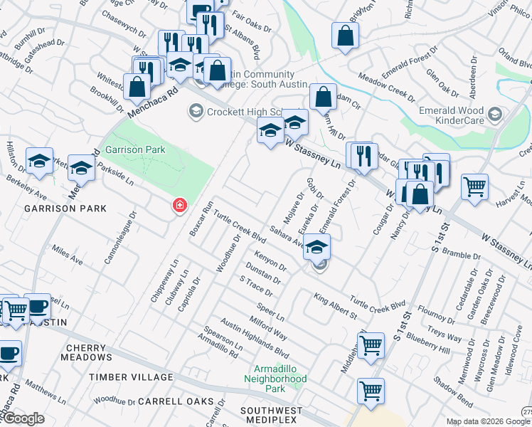 map of restaurants, bars, coffee shops, grocery stores, and more near 6002 Libyan Drive in Austin