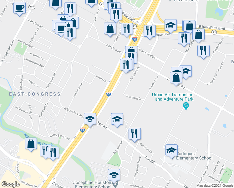 map of restaurants, bars, coffee shops, grocery stores, and more near 4537 S Interstate 35 in Austin