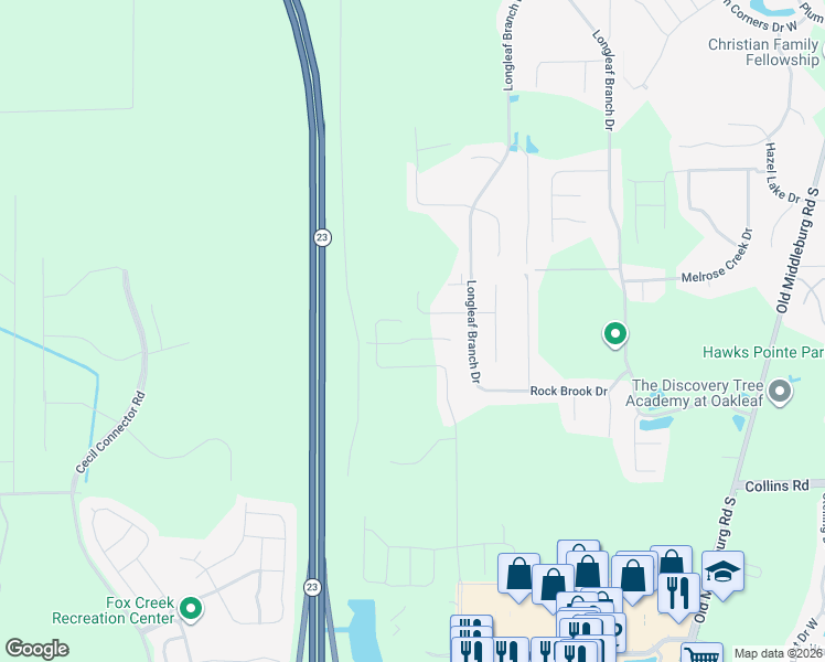 map of restaurants, bars, coffee shops, grocery stores, and more near Cecil Commerce Center Parkway in Jacksonville