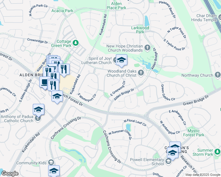 map of restaurants, bars, coffee shops, grocery stores, and more near 6 Glade Bank Place in Spring