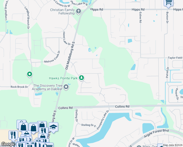 map of restaurants, bars, coffee shops, grocery stores, and more near 9238 Hawks Cliff Drive in Jacksonville