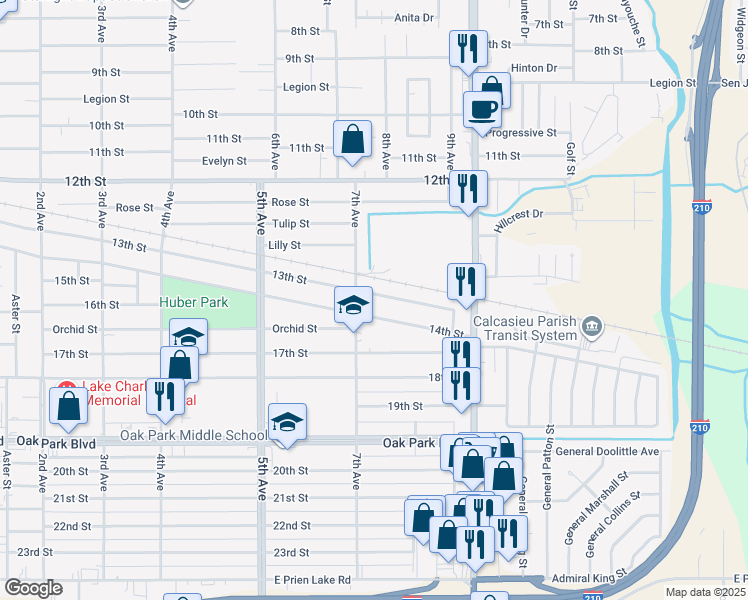 map of restaurants, bars, coffee shops, grocery stores, and more near 2414 13th Street in Lake Charles