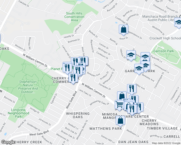 map of restaurants, bars, coffee shops, grocery stores, and more near 6702 Blarwood Drive in Austin