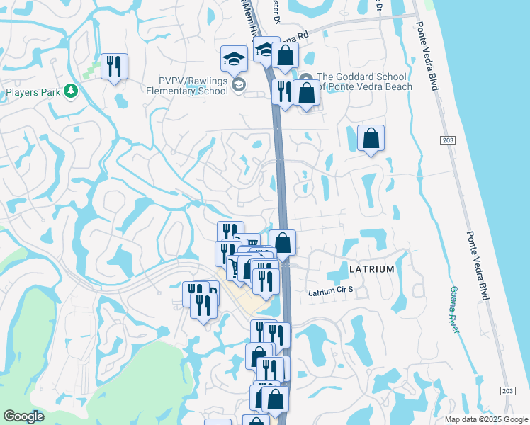 map of restaurants, bars, coffee shops, grocery stores, and more near 950 Sawgrass Village Drive in Ponte Vedra Beach