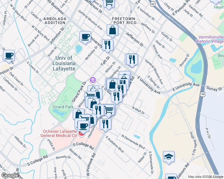 map of restaurants, bars, coffee shops, grocery stores, and more near 719 Coolidge Street in Lafayette