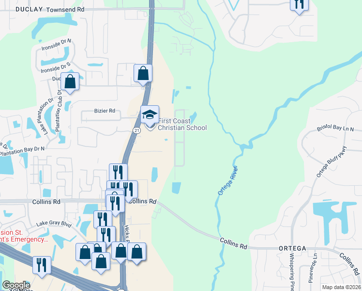 map of restaurants, bars, coffee shops, grocery stores, and more near 7708 Club Duclay Drive in Jacksonville