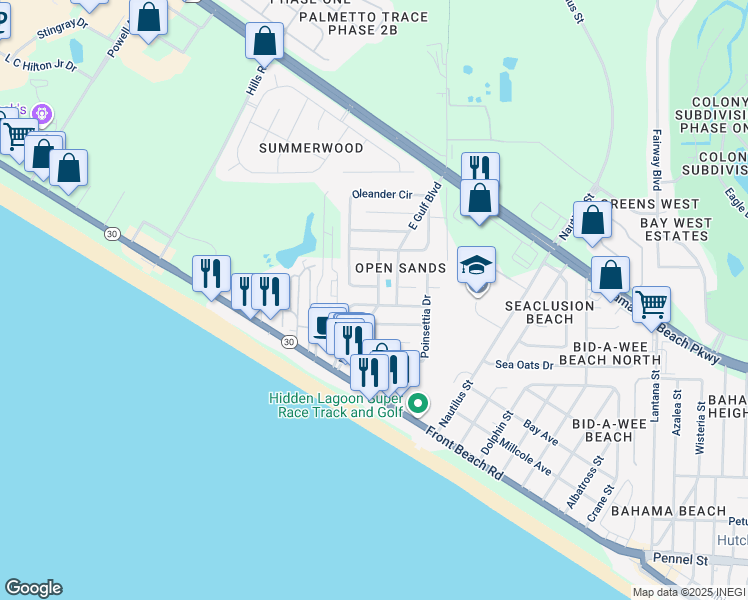 map of restaurants, bars, coffee shops, grocery stores, and more near 600 West Caladium Circle in Panama City Beach