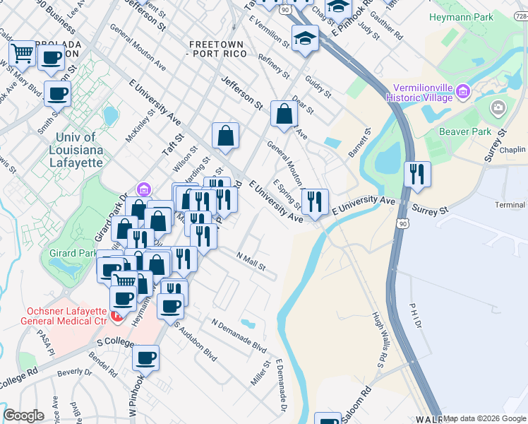 map of restaurants, bars, coffee shops, grocery stores, and more near 314 Theodora Boulevard in Lafayette