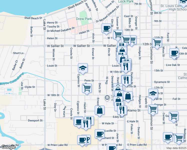 map of restaurants, bars, coffee shops, grocery stores, and more near 2420 Dietz Street in Lake Charles