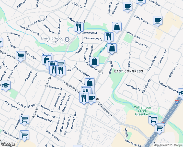 map of restaurants, bars, coffee shops, grocery stores, and more near 128 Mockingbird Lane West in Austin