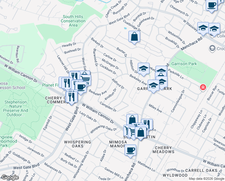 map of restaurants, bars, coffee shops, grocery stores, and more near 6511 Krollton Drive in Austin