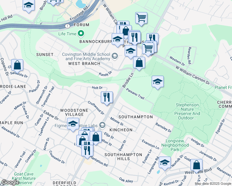 map of restaurants, bars, coffee shops, grocery stores, and more near 7503 Saint Amant Place in Austin