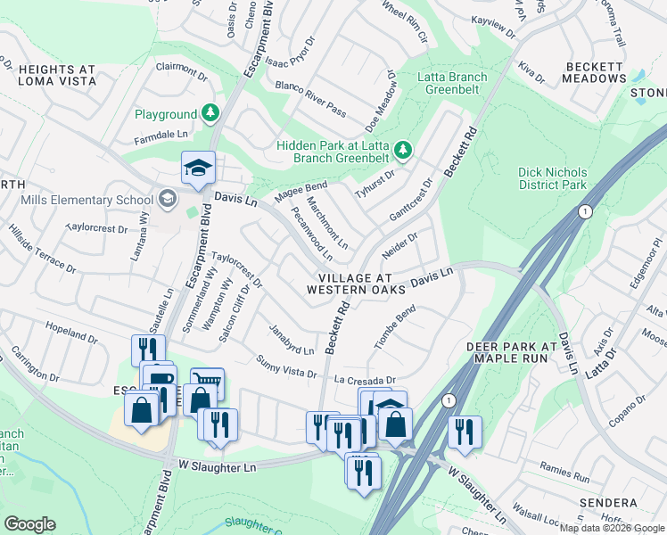 map of restaurants, bars, coffee shops, grocery stores, and more near 5709 Pecanwood Lane in Austin
