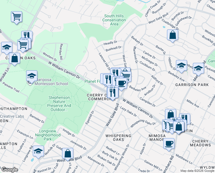 map of restaurants, bars, coffee shops, grocery stores, and more near in Austin