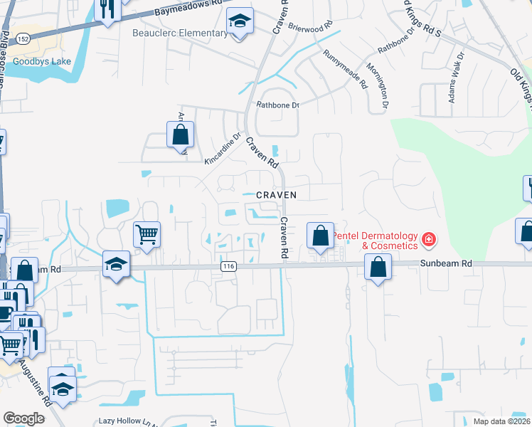 map of restaurants, bars, coffee shops, grocery stores, and more near 9360-3 Craven Ap in Jacksonville