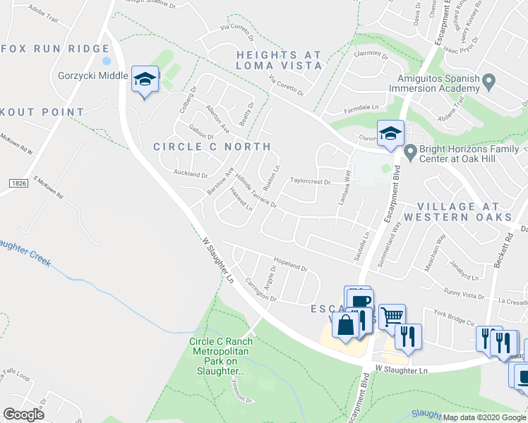 map of restaurants, bars, coffee shops, grocery stores, and more near 9304 La Puente Drive in Austin