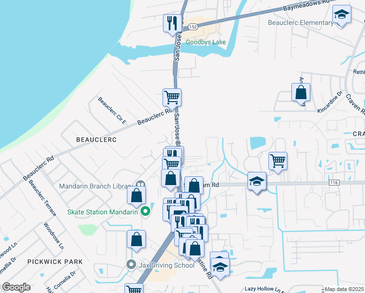 map of restaurants, bars, coffee shops, grocery stores, and more near 9319 San Jose Boulevard in Jacksonville