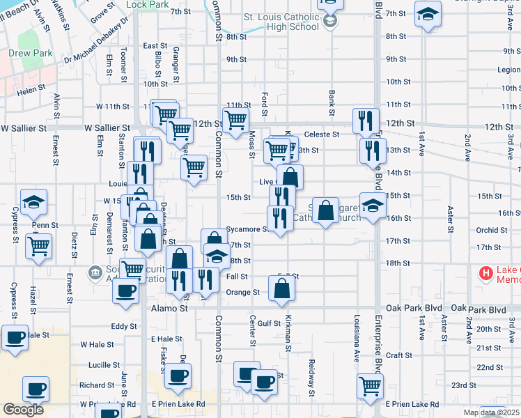 map of restaurants, bars, coffee shops, grocery stores, and more near 707 16th St in Lake Charles