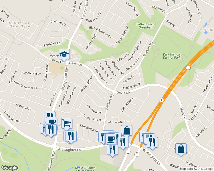 map of restaurants, bars, coffee shops, grocery stores, and more near 5709 Pecanwood Lane in Austin