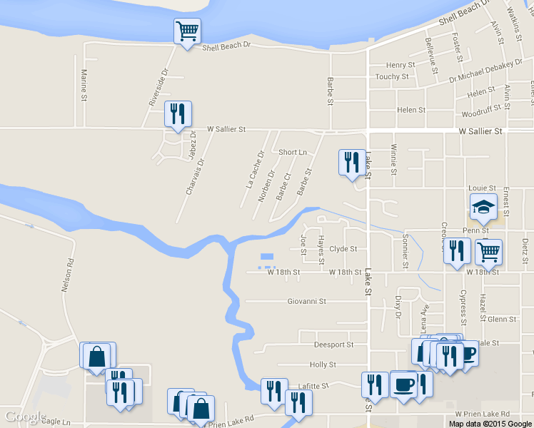 map of restaurants, bars, coffee shops, grocery stores, and more near 2402 Barbe Ct in Lake Charles