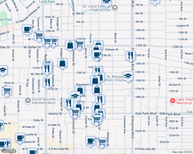map of restaurants, bars, coffee shops, grocery stores, and more near 721 16th Street in Lake Charles