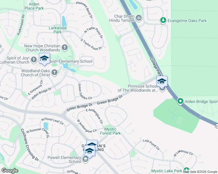 map of restaurants, bars, coffee shops, grocery stores, and more near 15 Baylark Place in The Woodlands