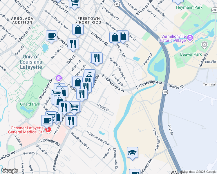 map of restaurants, bars, coffee shops, grocery stores, and more near 314 Theodora Boulevard in Lafayette