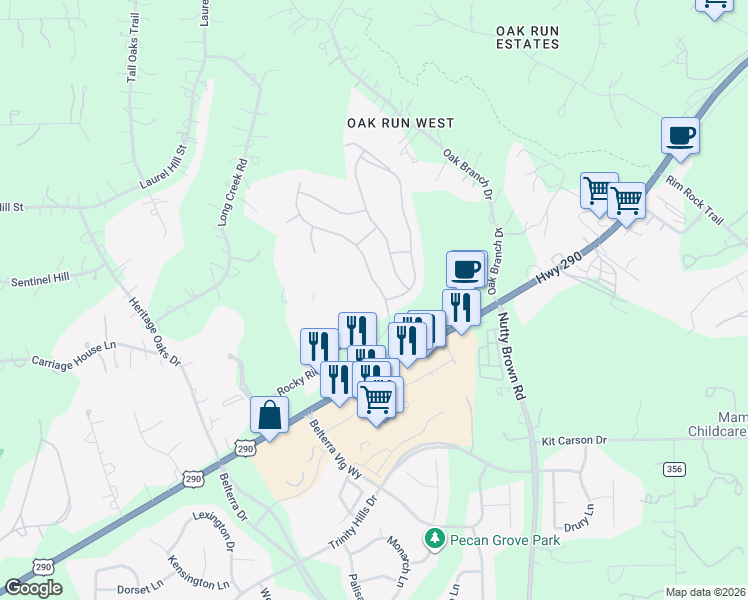 map of restaurants, bars, coffee shops, grocery stores, and more near 295 Ledge Stone Drive in Austin