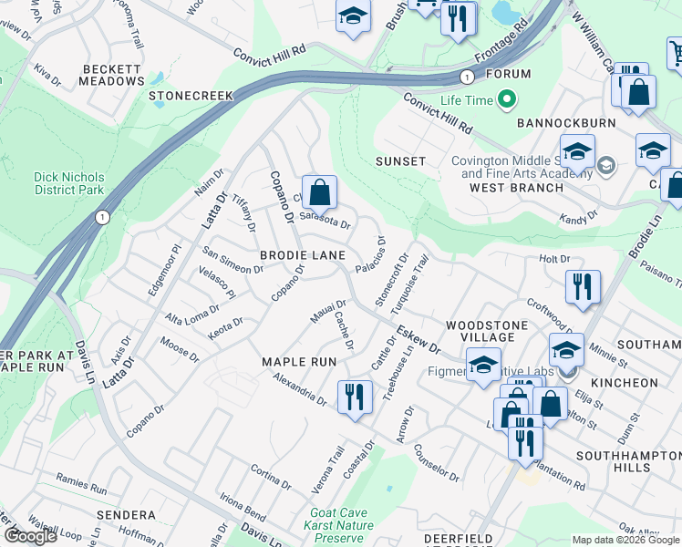 map of restaurants, bars, coffee shops, grocery stores, and more near 7907 Palacios Drive in Austin