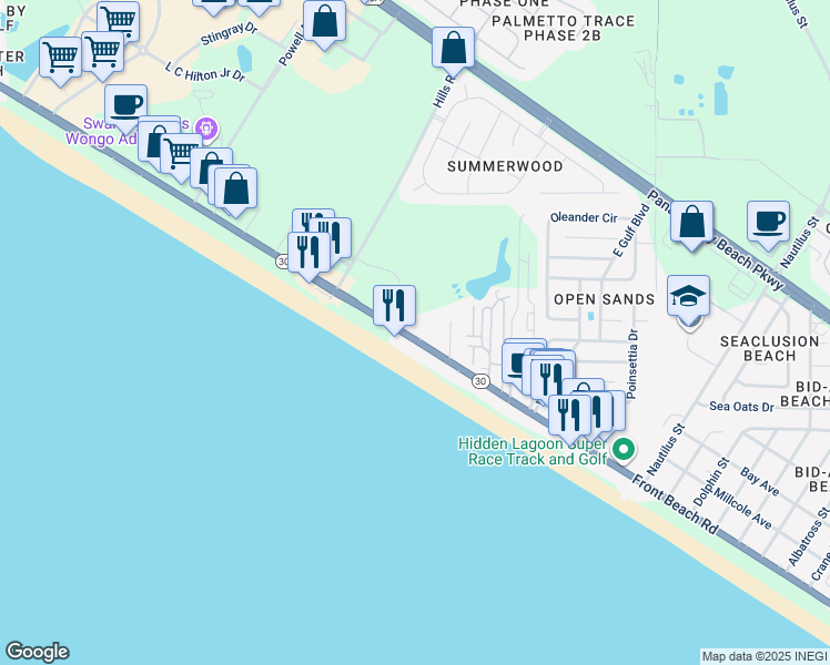 map of restaurants, bars, coffee shops, grocery stores, and more near 15100 Front Beach Road in Panama City Beach