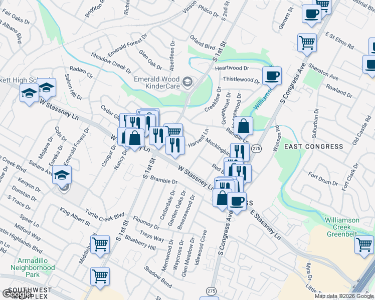 map of restaurants, bars, coffee shops, grocery stores, and more near 5409 Harvest Ln in Austin