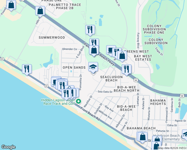 map of restaurants, bars, coffee shops, grocery stores, and more near 300 Nautilus Street in Panama City Beach