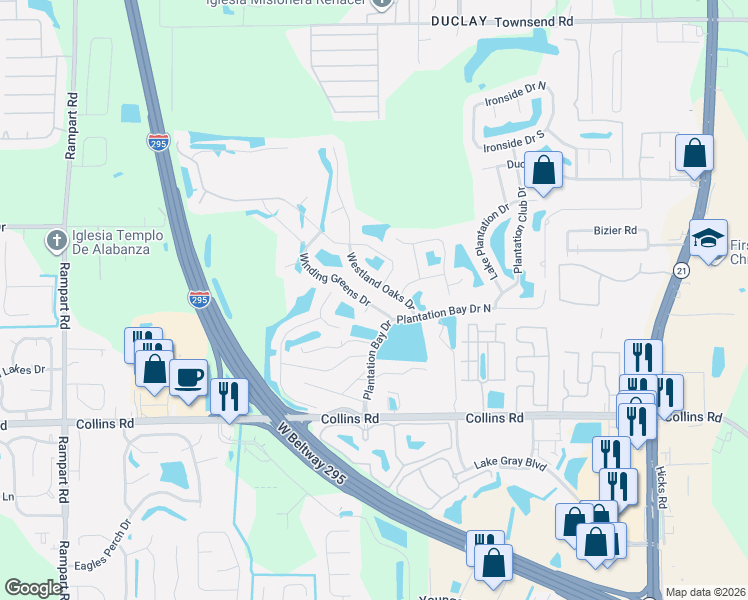 map of restaurants, bars, coffee shops, grocery stores, and more near 6469 Winding Greens Drive in Jacksonville