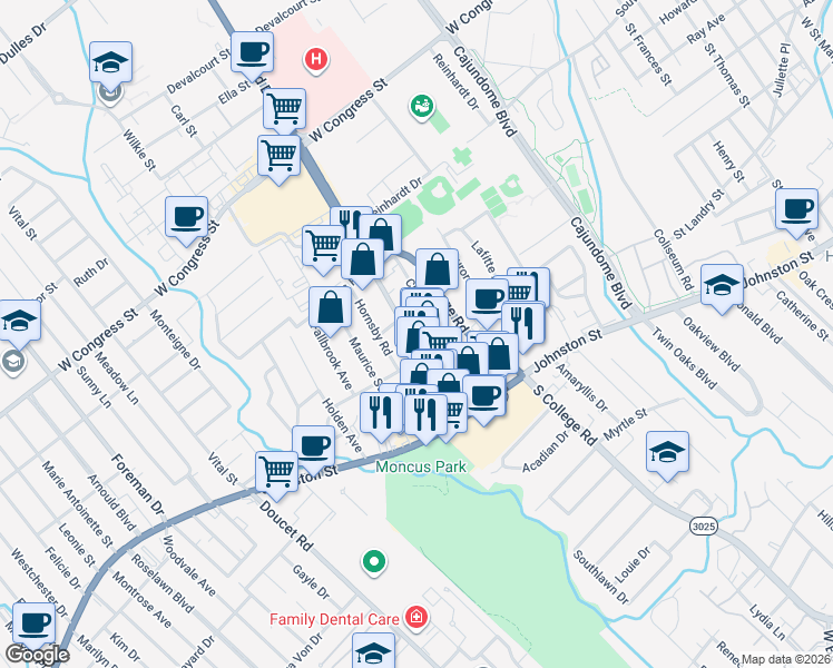 map of restaurants, bars, coffee shops, grocery stores, and more near 305 Bertrand Drive in Lafayette
