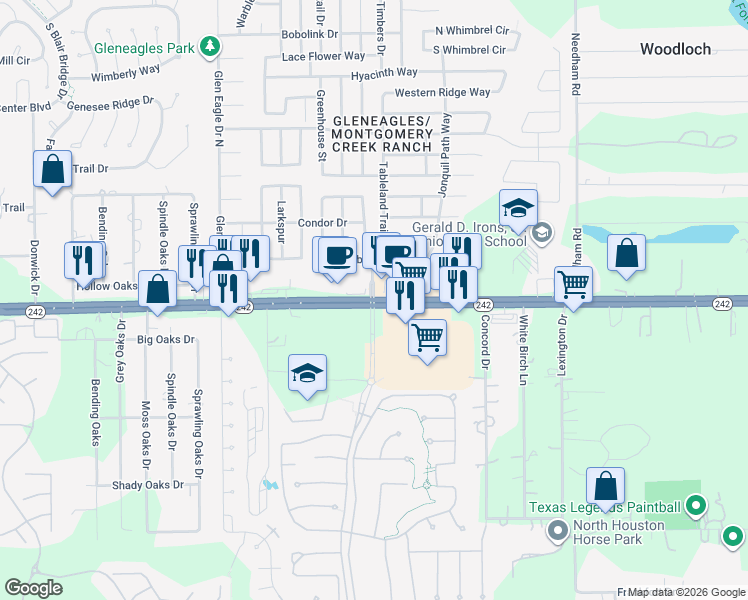 map of restaurants, bars, coffee shops, grocery stores, and more near Texas 242 in Conroe