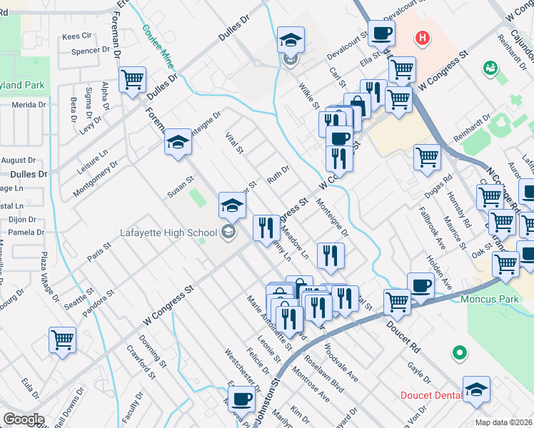 map of restaurants, bars, coffee shops, grocery stores, and more near 214 Meadow Lane in Lafayette