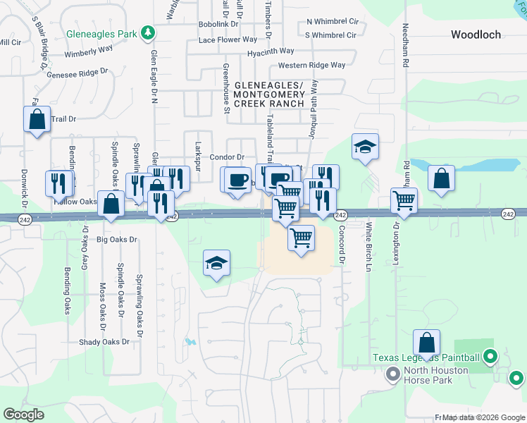 map of restaurants, bars, coffee shops, grocery stores, and more near 9839 Texas 242 in Conroe