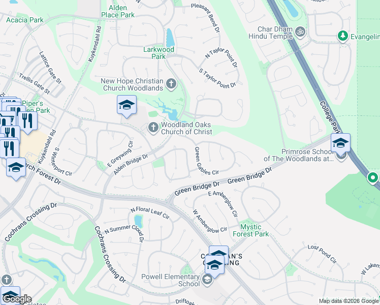 map of restaurants, bars, coffee shops, grocery stores, and more near 143 Green Gables Circle in Spring