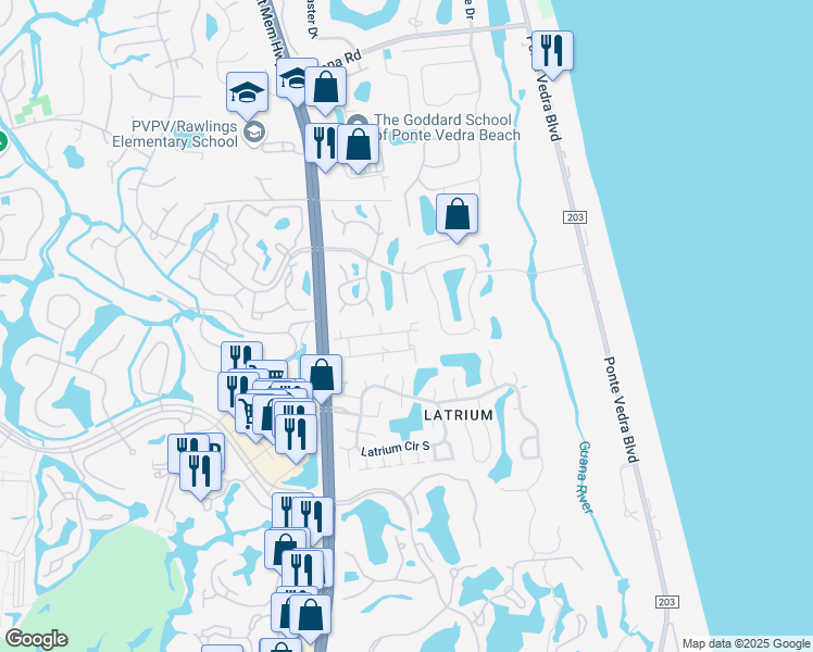 map of restaurants, bars, coffee shops, grocery stores, and more near 154 Coastal Oak Circle in Ponte Vedra Beach