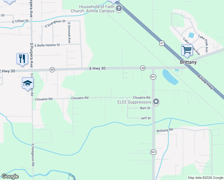 map of restaurants, bars, coffee shops, grocery stores, and more near 42374 Clouatre Road in Gonzales