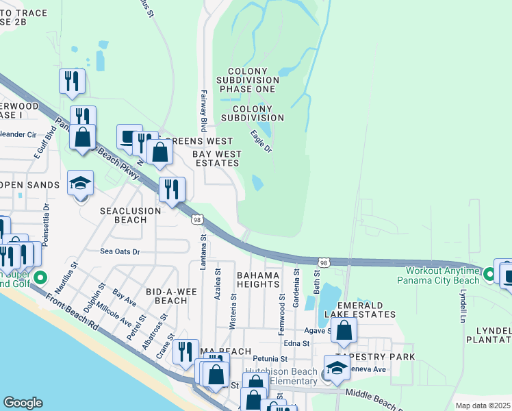 map of restaurants, bars, coffee shops, grocery stores, and more near 100 Fairway Boulevard in Panama City Beach