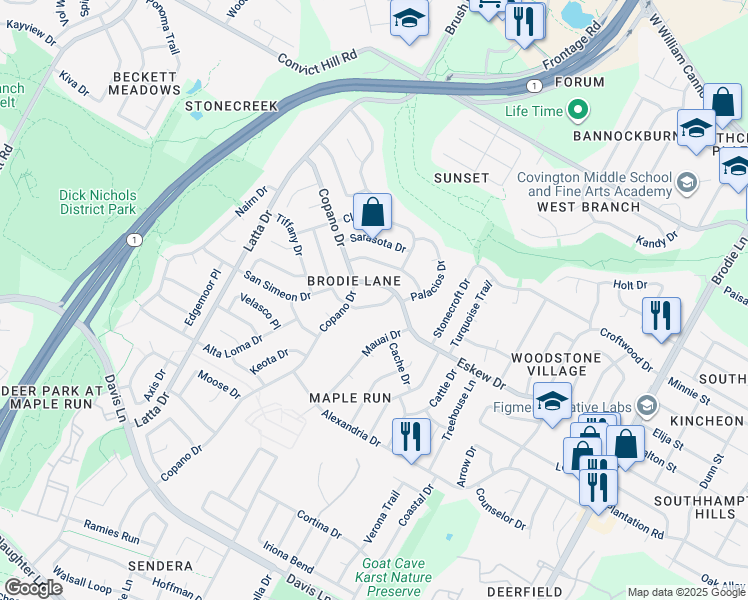 map of restaurants, bars, coffee shops, grocery stores, and more near 4308 Manzanillo Drive in Austin