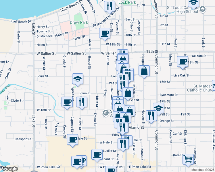 map of restaurants, bars, coffee shops, grocery stores, and more near 2410 Elm Street in Lake Charles