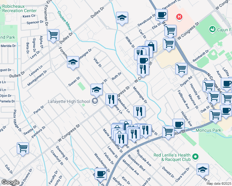 map of restaurants, bars, coffee shops, grocery stores, and more near 214 Meadow Lane in Lafayette