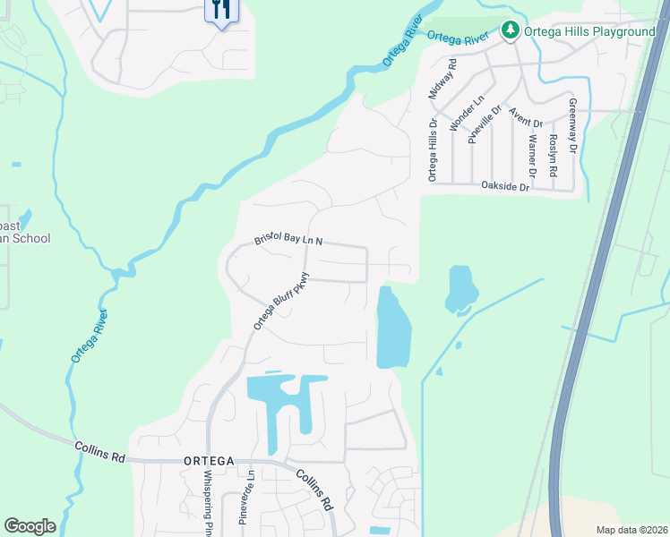 map of restaurants, bars, coffee shops, grocery stores, and more near 5441 Bristol Bay Lane North in Jacksonville