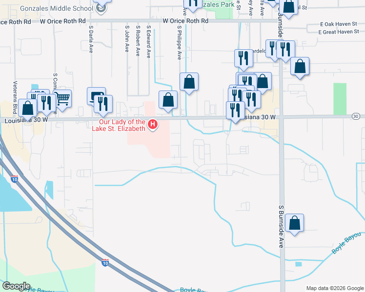 map of restaurants, bars, coffee shops, grocery stores, and more near 909 West Tony Street in Gonzales