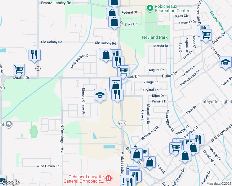 map of restaurants, bars, coffee shops, grocery stores, and more near 2310 Ambassador Caffery Parkway in Lafayette